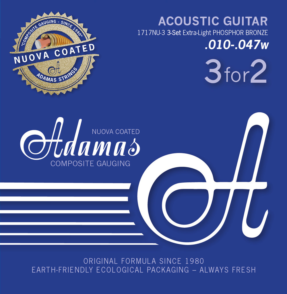 Adamas Jeu de 3 cordes pour guitare acoustique coated Phosphor Bronze 3 jeux Ex-Light .010 | 1717NU-3